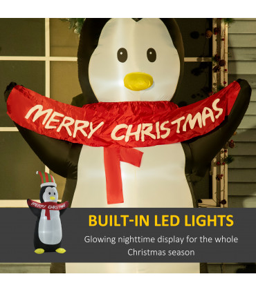 HOMCOM 8ft Inflatable Penguin & Christmas Banner Decoration Inner LED Lights