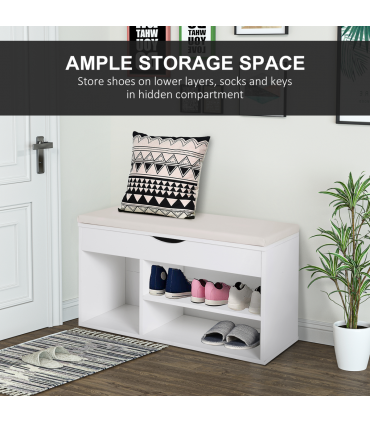 HOMCOM Wooden Shoes Cabinet Bench Hidden Storage Padded Seat Organiser White