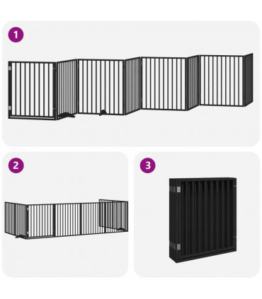 vidaXL Dog Gate with Door Foldable 8 Panels Black 640 cm Poplar Wood