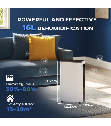 HOMCOM 16L/Day Dehumidifier for Home Damp, Mould, Laundry Drying, White