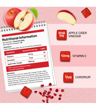 Vegan Apple Cider Vinegar Gummies | Apple Flavour | High Strength 1000mg with Vitamin C, Chromium and Pomegranate