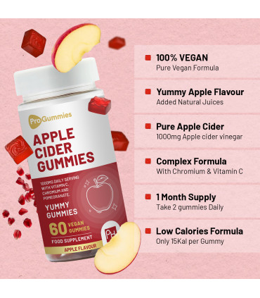 Vegan Apple Cider Vinegar Gummies | Apple Flavour | High Strength 1000mg with Vitamin C, Chromium and Pomegranate