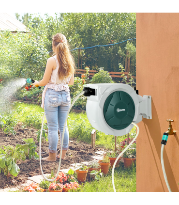 Outsunny Retractable Hose Reel Wall Mounted with Lock, Light Grey