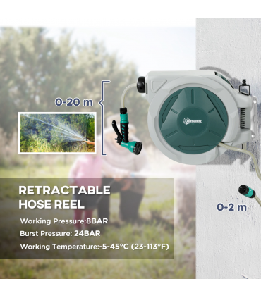 Outsunny Retractable Hose Reel Wall Mounted with Lock, Light Grey