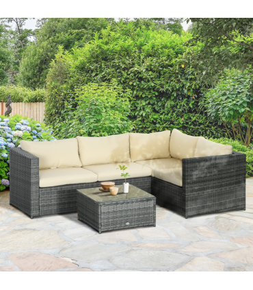 Outsunny 3Pcs Rattan Corner Sofa Set Coffee Table Garden Furniture  w/ Cushion