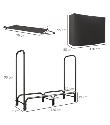 Outsunny 4FT Firewood Rack Holder W/ Canvas Carrier and Oxford Cover, Black