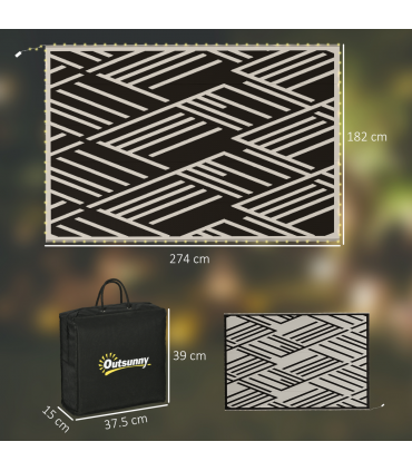 Outsunny Reversible Outdoor Rug with LED String Lights, Black and Coffee