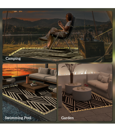 Outsunny Reversible Outdoor Rug with LED String Lights, Black and Coffee