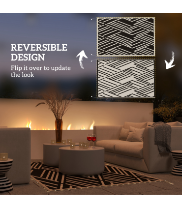 Outsunny Reversible Outdoor Rug with LED String Lights, Black and Coffee