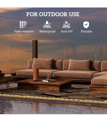 Outsunny Reversible Outdoor Rug with LED String Lights, Black and Coffee