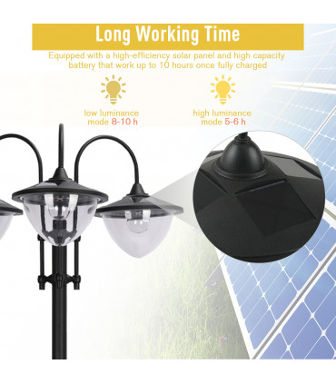 Outsunny 3-head LED Solar Light Lamp Street Light Post with Planter Base, Black