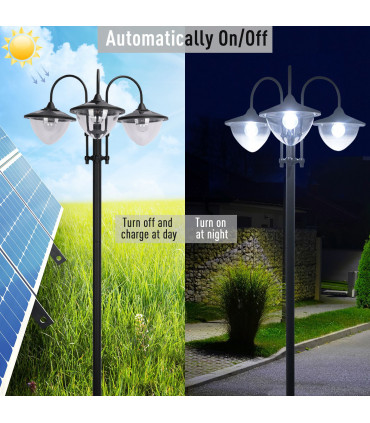 Outsunny 3-head LED Solar Light Lamp Street Light Post with Planter Base, Black