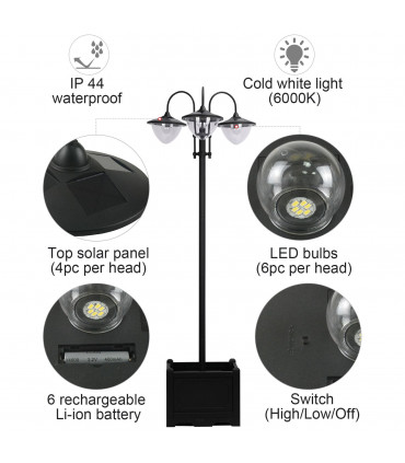 Outsunny 3-head LED Solar Light Lamp Street Light Post with Planter Base, Black