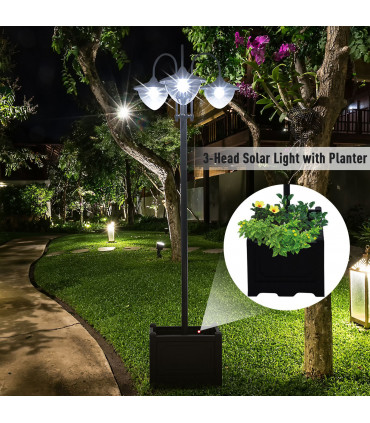 Outsunny 3-head LED Solar Light Lamp Street Light Post with Planter Base, Black
