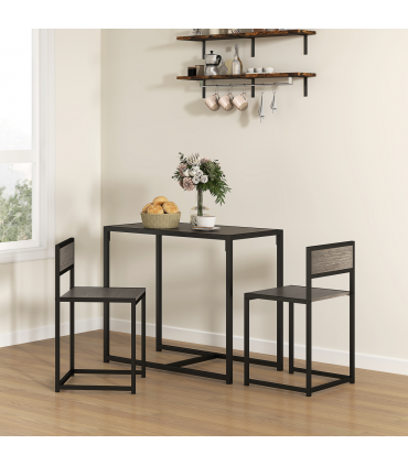 HOMCOM 3 Piece Dining Table Set with Metal Frame Grey Wood-Effect