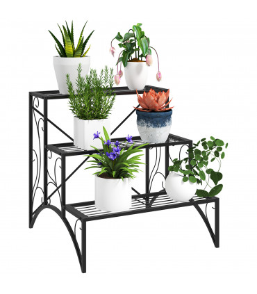 Outsunny 3-Tier Metal Plant Stand for Garden Balcony Indoor Outdoor, Black