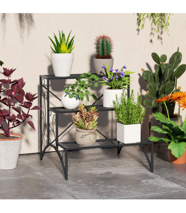 Outsunny 3-Tier Metal Plant Stand for Garden Balcony Indoor Outdoor, Black