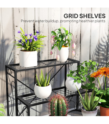 Outsunny 3-Tier Metal Plant Stand for Garden Balcony Indoor Outdoor, Black