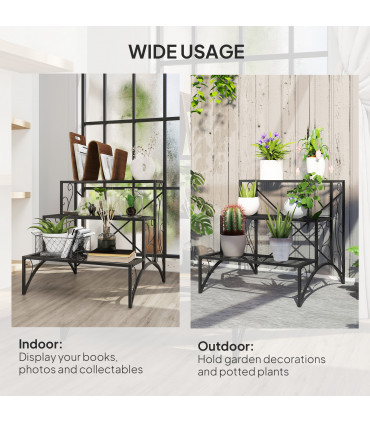 Outsunny 3-Tier Metal Plant Stand for Garden Balcony Indoor Outdoor, Black