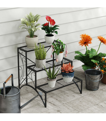 Outsunny 3-Tier Metal Plant Stand for Garden Balcony Indoor Outdoor, Black