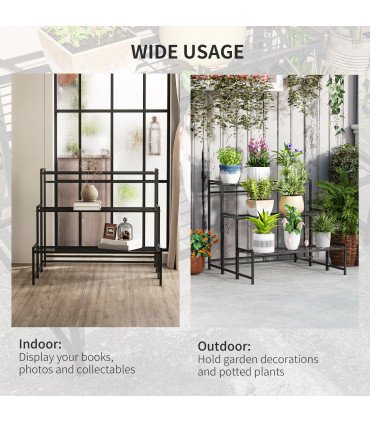 Outsunny 3-Tier Metal Plant Stand, Modern Ladder Shelf for Garden, Black