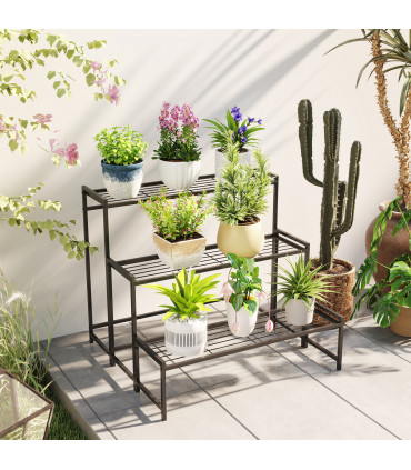 Outsunny 3-Tier Metal Plant Stand, Modern Ladder Shelf for Garden, Black