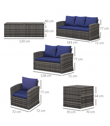 Outsunny 6 PCS Patio Rattan Sofa Set Conversation Furniture Navy Blue