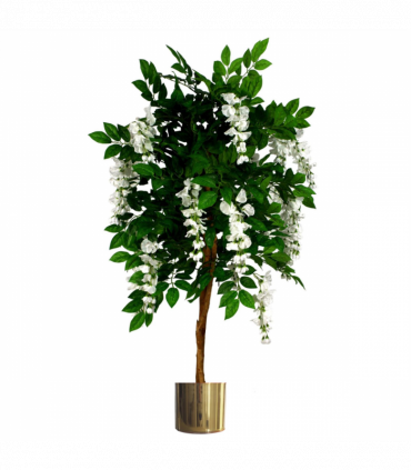 130cm Luxury Artificial Wisteria Tree White Flowers - Premium Range Gold Metal Planter