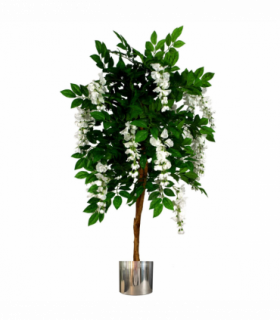 130cm Luxury Artificial Wisteria Tree White Flowers - Premium Range Silver Metal Planter