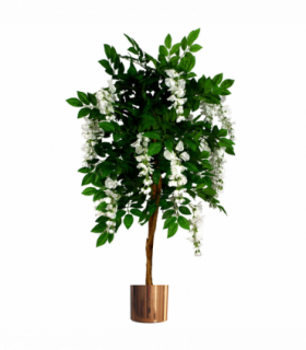 130cm Luxury Artificial Wisteria Tree White Flowers - Premium Range Copper Metal Planter