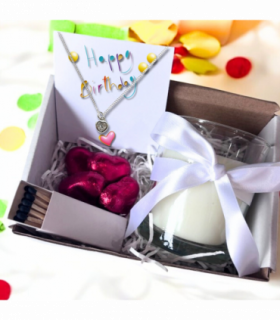 Small Happy Birthday Gift Hamper - Cubic Zirconia Heart Necklace, Chocolates & Candle