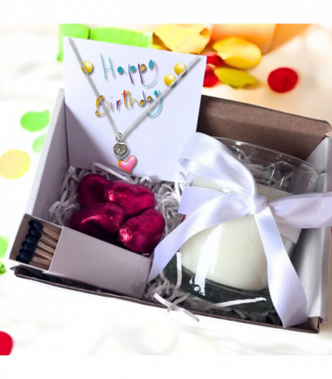 Small Happy Birthday Gift Hamper - Cubic Zirconia Heart Necklace, Chocolates & Candle