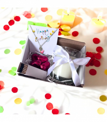 Small Happy Birthday Gift Hamper - Cubic Zirconia Heart Necklace, Chocolates & Candle