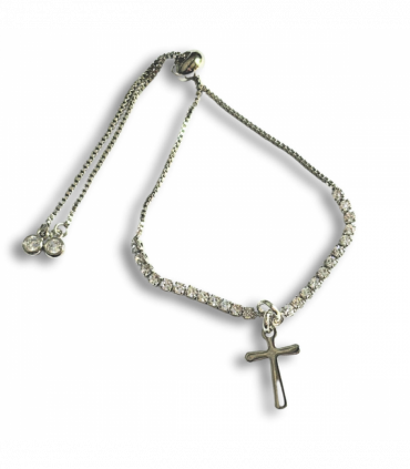 Silver Cross Charm on Fine Diamante Slider Bracelet