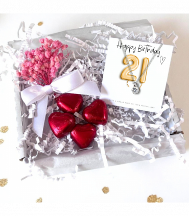 21st Birthday Cubic Zirconia Silver Necklace & Gold Balloons Mini Gift Hamper | Twenty First Gift | Girls 21st Birthday Gift Set UK