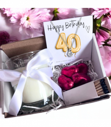 Small 40th Birthday Gold Balloons Gift Hamper | Cubic Zirconia Charm Necklace, Chocolates & Candle