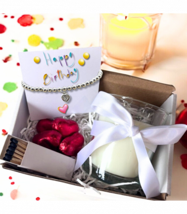 Small Happy Birthday Gift Hamper - Cubic Zirconia Heart Bracelet, Chocolates & Candle