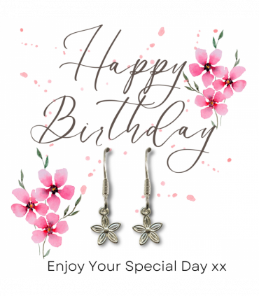 Happy Birthday Pink Flowers Gift Card & Dahlia Flower Drop Earrings