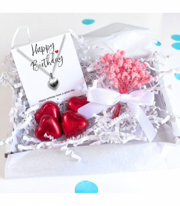 Happy Birthday Mini Gift Hamper with Silver Heart Necklace | Letter Box Gift For Her | Unique Gifts For Her Birthday, Thank you or Christmas UK
