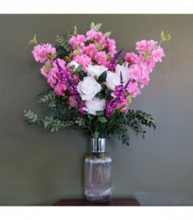 Artificial flower arrangement Pink Blossom White Rose Glass Vase 100cm Silk