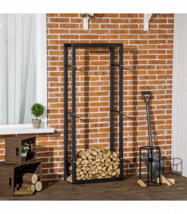 Metal Firewood Log Holder Rack Black 150H x 60W x 25Dcm 100kg Solid Base Stable