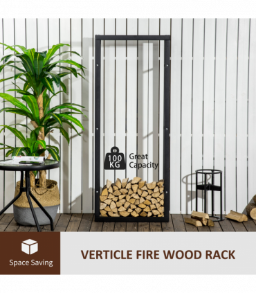 Metal Firewood Log Holder Rack Black 150H x 60W x 25Dcm 100kg Solid Base Stable