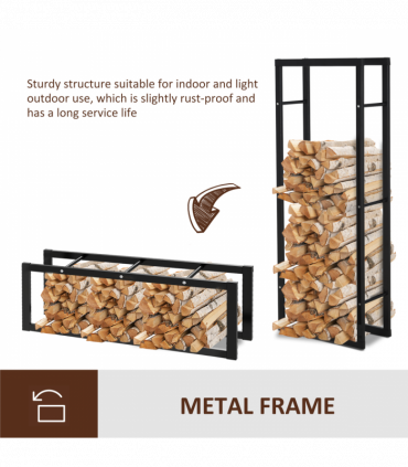 Metal Firewood Log Holder Rack Black 150H x 60W x 25Dcm 100kg Solid Base Stable