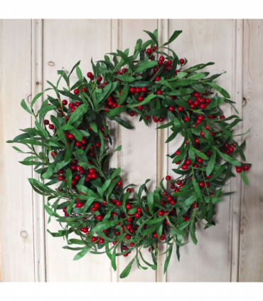 60cm (24") Large Luxury Christmas Mistletoe Leaf and Red Berry Floristry Wreath