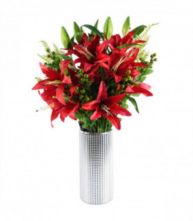 Red Silk Fern Berry Glass Vase