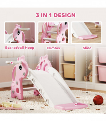 AIYAPLAY 3 in 1 Kids Slide with Climber, Basketball Hoop and Ball, Pink
