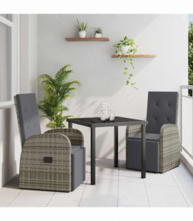 vidaXL Garden Dining Set with Cushion 3 pcs Grey Poly Rattan
