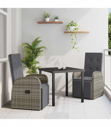 vidaXL Garden Dining Set with Cushion 3 pcs Grey Poly Rattan