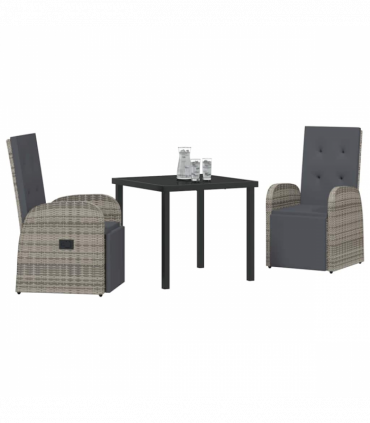vidaXL Garden Dining Set with Cushion 3 pcs Grey Poly Rattan
