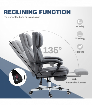 Office Chair Reclining with Headrest, Linen Dark Grey, 65W x 61D x 113Hcm
